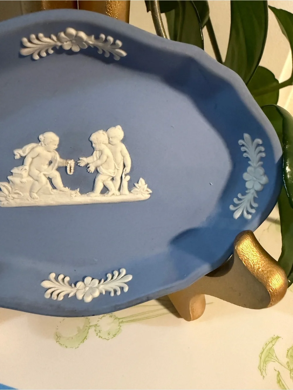 Wedgwood Blue Jasperware Oval Dish with White Relief